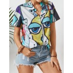 Women Other | Abstract Pattern Print Lapel Short Sleeve Button Blouse For Women - QM06889