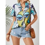 Women Other | Abstract Pattern Print Lapel Short Sleeve Button Blouse For Women - QM06889