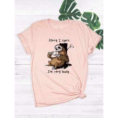 Women Other | Animal Cartoon Sloth Print Short Sleeve O-neck Loose Casual T-shirt - RP93608