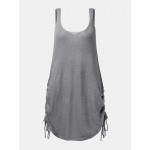 Women Other | Backless Knitted O-neck Sleeveless Solid Color Drawstring Sexy Tank Top - DG12992