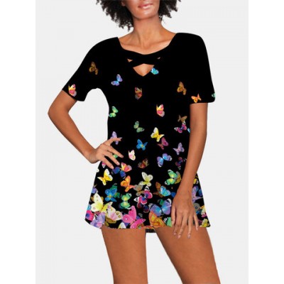 Women Other | Butterfly Printed V-neck Short Sleeve T-shirt - YP24566