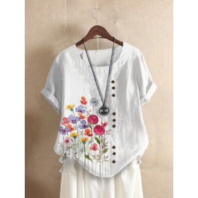 Women Other | Button Short Sleeve Floral Print O-neck Casual T-Shirt For Women - NP35825