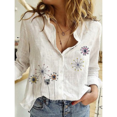 Women Other | Calico Embroidery Turn-down Collar Long Sleeve Button Blouse - XW98583