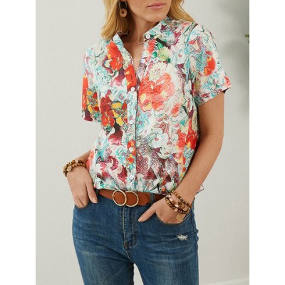Women Other | Calico Print Short Sleeve Stand Collar Blouse For Women - DY12476
