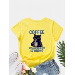 Women Other | Cartoon Cat Coffee Letters Print Short Sleeve O-neck T-shirt - SQ77216
