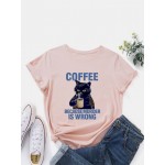 Women Other | Cartoon Cat Coffee Letters Print Short Sleeve O-neck T-shirt - SQ77216