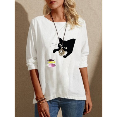 Women Other | Cartoon Cat Fish Print Patchwork O-neck Long Sleeve Blouse - YV41541