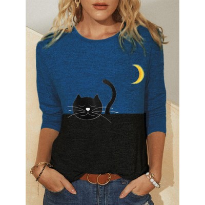 Women Other | Cartoon Cat Moon Print O-neck Long Sleeve T-shirt - XR82157