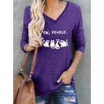 Women Other | Cartoon Cat Print V-neck Long Sleeve Casual Women T-Shirt - HB98526