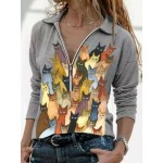 Women Other | Cartoon Cat Print Zipper Long Sleeve Casual Shirt For Women - CM62045