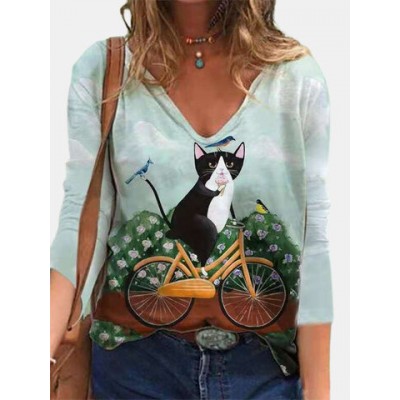 Women Other | Cartoon Cat Printed Casual V-neck Long Sleeve T-Shirt For Women - SN37264