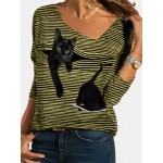 Women Other | Cartoon Cat Striped V-neck Long Sleeve T-shirt - SC31687
