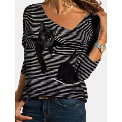 Women Other | Cartoon Cat Striped V-neck Long Sleeve T-shirt - SC31687