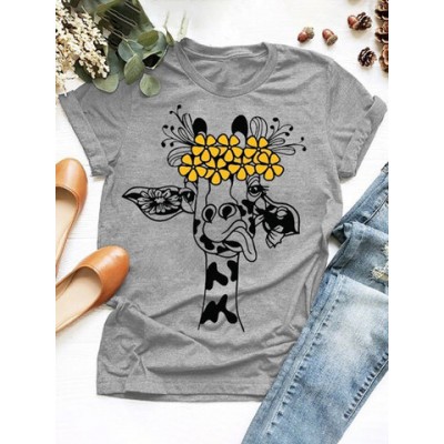Women Other | Cartoon Giraffe Printed Short Sleeve O-enck T-shirt For Women - PO57228