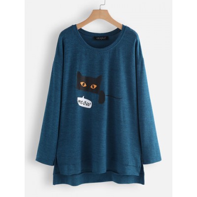 Women Other | Casual Cat Print Crew Neck Long Sleeve Overhead T-Shirt - TD86973
