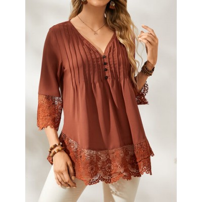 Women Other | Casual Lace Patchwork Pleated Buttons 3/4 Sleeve Blouse for Women - VA45511