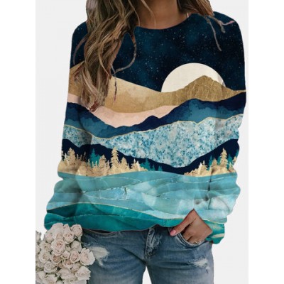 Women Other | Casual Landscape Printed Long Sleeve O-neck Blouse For Women - GT91014