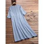Women Other | Casual Striped Print Split O-neck Half Sleeve Drawstring Long Shirt - OW92208