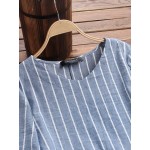 Women Other | Casual Striped Print Split O-neck Half Sleeve Drawstring Long Shirt - OW92208