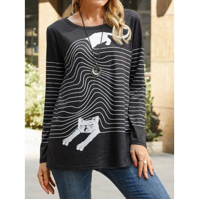 Women Other | Cat Striped Print Long Sleeve Casual T-Shirt For Women - KC50033