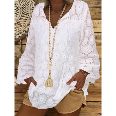 Women Other | Chic V-Neck Crochet Lace Long Sleeve Shirt - AJ39925