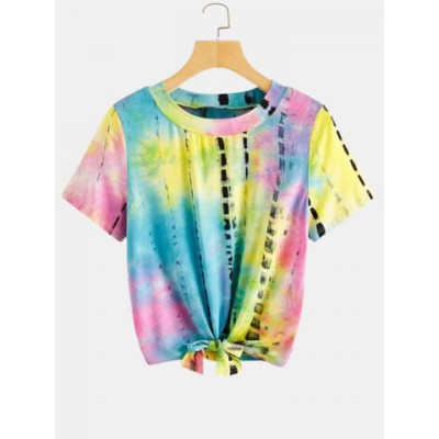 Women Other | Colorful Tie-Dye Print Irregular Short Sleeves O-neck Casual T-shirt For Women - YB32198