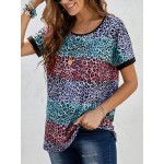 Women Other | Contrast Color Leopard Print O-neck Short Sleeve T-shirt - UT10446