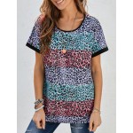 Women Other | Contrast Color Leopard Print O-neck Short Sleeve T-shirt - UT10446