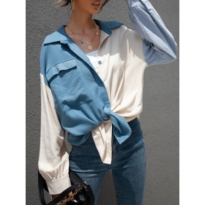 Women Other | Contrast Color Pocket Long Sleeve Lapel Button Down Shirt - VM98679