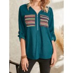 Women Other | Corduroy Striped Print Patchwork Zip Front Pocket Causal T-shirt - UC56789