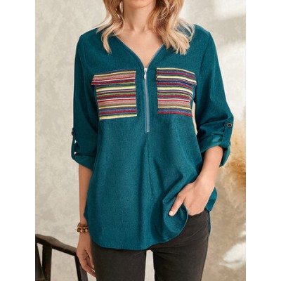 Women Other | Corduroy Striped Print Patchwork Zip Front Pocket Causal T-shirt - UC56789