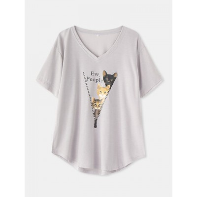 Women Other | Cute Cat Print V-neck Curved-hem Short Sleeve Casual T-shirt for Women - BY06141