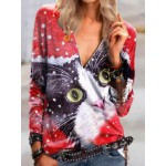 Women Other | Cute Cat Print Zipper Long Sleeve Casual T-shirt for Women - LK39155