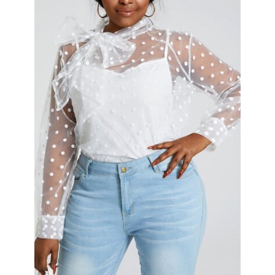 Women Other | Dot Bowknot Long Sleeve Two Pieces Mesh Blouse For Women - AU76181