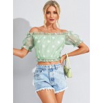 Women Other | Dot Print Mesh Puff Sleeve Off The Shoulder Crop Top - NG45069