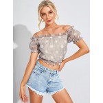 Women Other | Dot Print Mesh Puff Sleeve Off The Shoulder Crop Top - NG45069