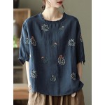 Women Other | Embroidery O-neck Half Sleeve Loose Vintage T-shirt for Women - RK04892