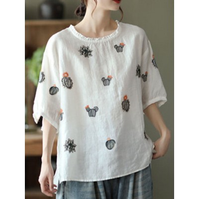 Women Other | Embroidery O-neck Half Sleeve Loose Vintage T-shirt for Women - RK04892