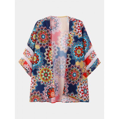 Women Other | Ethnic Pattern Print 3/4 Length Sleeve Loose Chiffon Kimono - JY89980