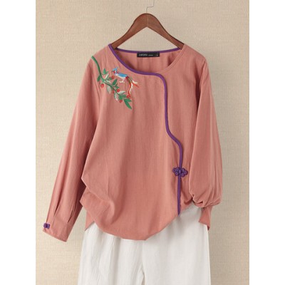 Women Other | Floral Bird Embroidery O-neck Contrast Color Long Sleeve Vintage Blouse - OX20304