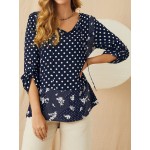 Women Other | Floral Dot Print Patchwork Knotted O-neck Button Casual Blouse - QQ90765