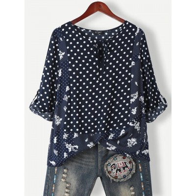 Women Other | Floral Dot Print Patchwork Knotted O-neck Button Casual Blouse - QQ90765