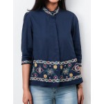 Women Other | Floral Embroidery Button Stand Collar 3/4 Sleeve Tribal Blouse - FR47641