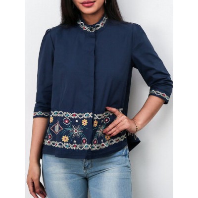 Women Other | Floral Embroidery Button Stand Collar 3/4 Sleeve Tribal Blouse - FR47641