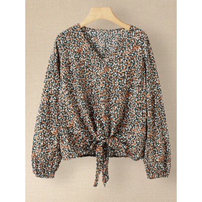 Women Other | Floral Print Long Sleeve V-neck Knotted Women Blouse - EH59860