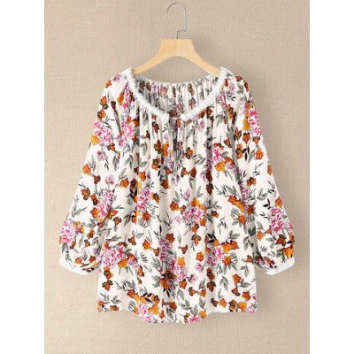 Women Other | Floral Print O-neck Knotted Long Sleeve Blouse for Women - YR73241