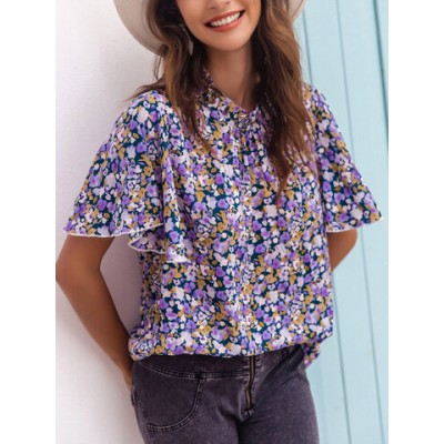 Women Other | Floral Print O-neck Short Sleeve Loose Women Blouse - XS07652