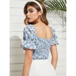 Women Other | Floral Print Shirred Puff Sleeve Square Collar Crop Top - HO88075