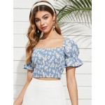 Women Other | Floral Print Shirred Puff Sleeve Square Collar Crop Top - HO88075