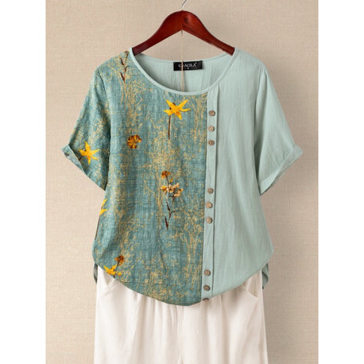 Women Other | Floral Printed Patchwork Button Short Sleeve T-shirt - HJ73081